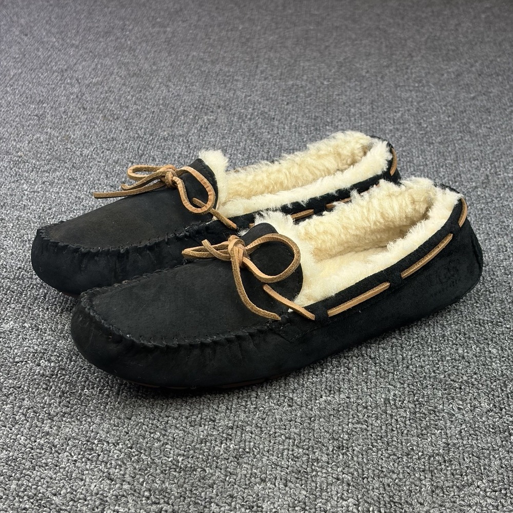 UGG Dakota Black Suede Sheepskin Moccasin Slippers Womens 8 Fur Lined 5612